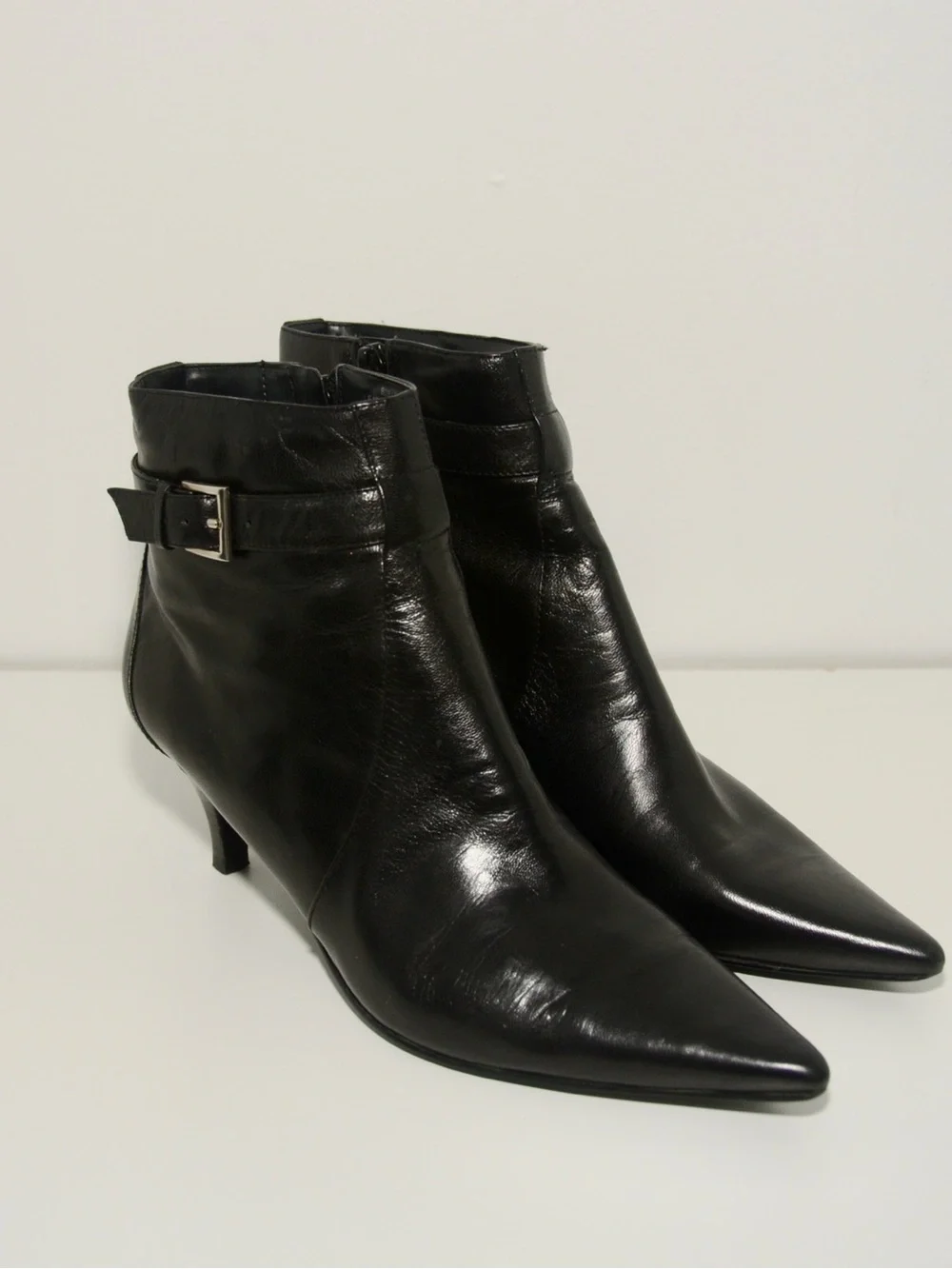 Black Leather Pointed-Toe Ankle Boots
